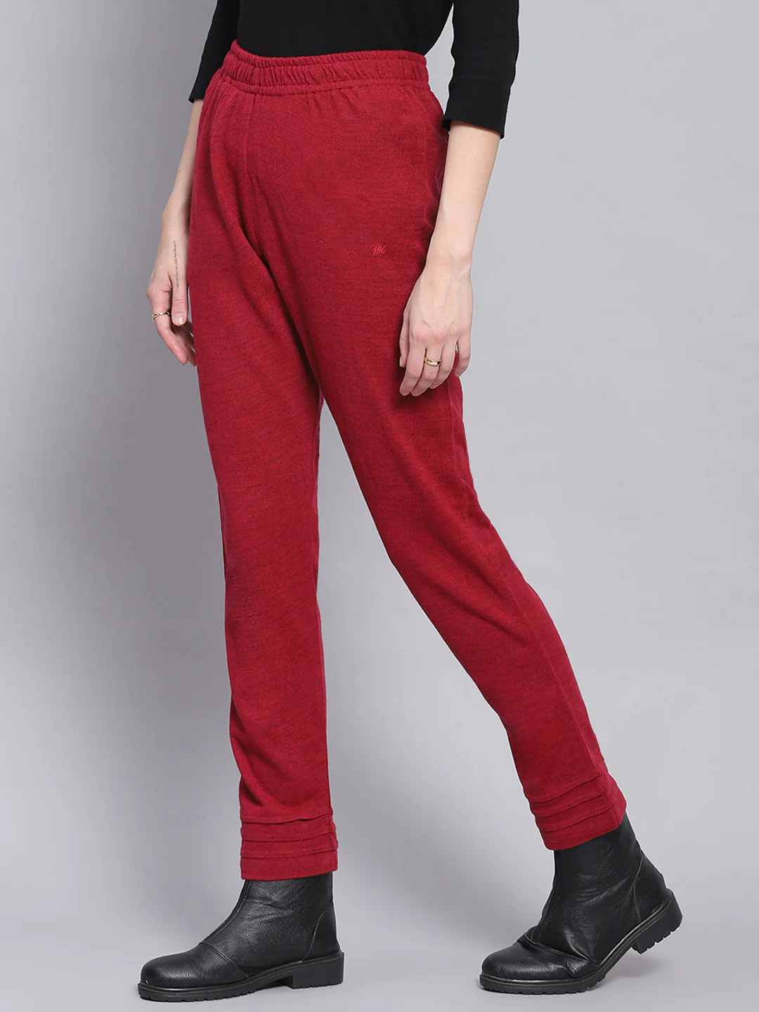 Women Red Solid Regular Fit Winter Lowers - Image 3