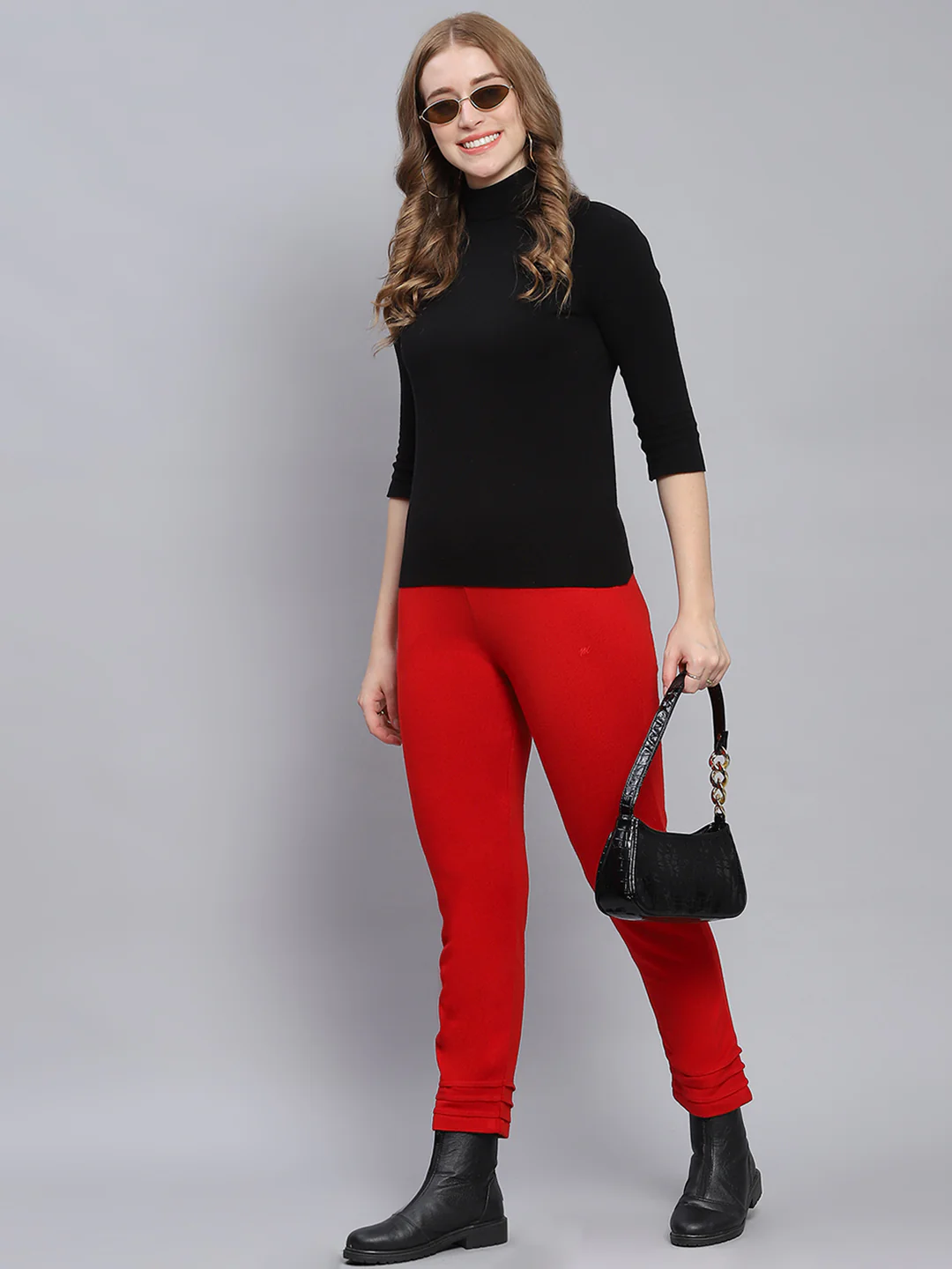Women Red Solid Regular Fit Winter Lowers - Image 2
