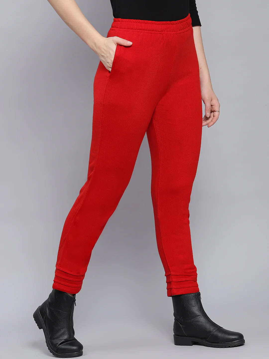 Women Red Solid Regular Fit Winter Lowers - Image 4