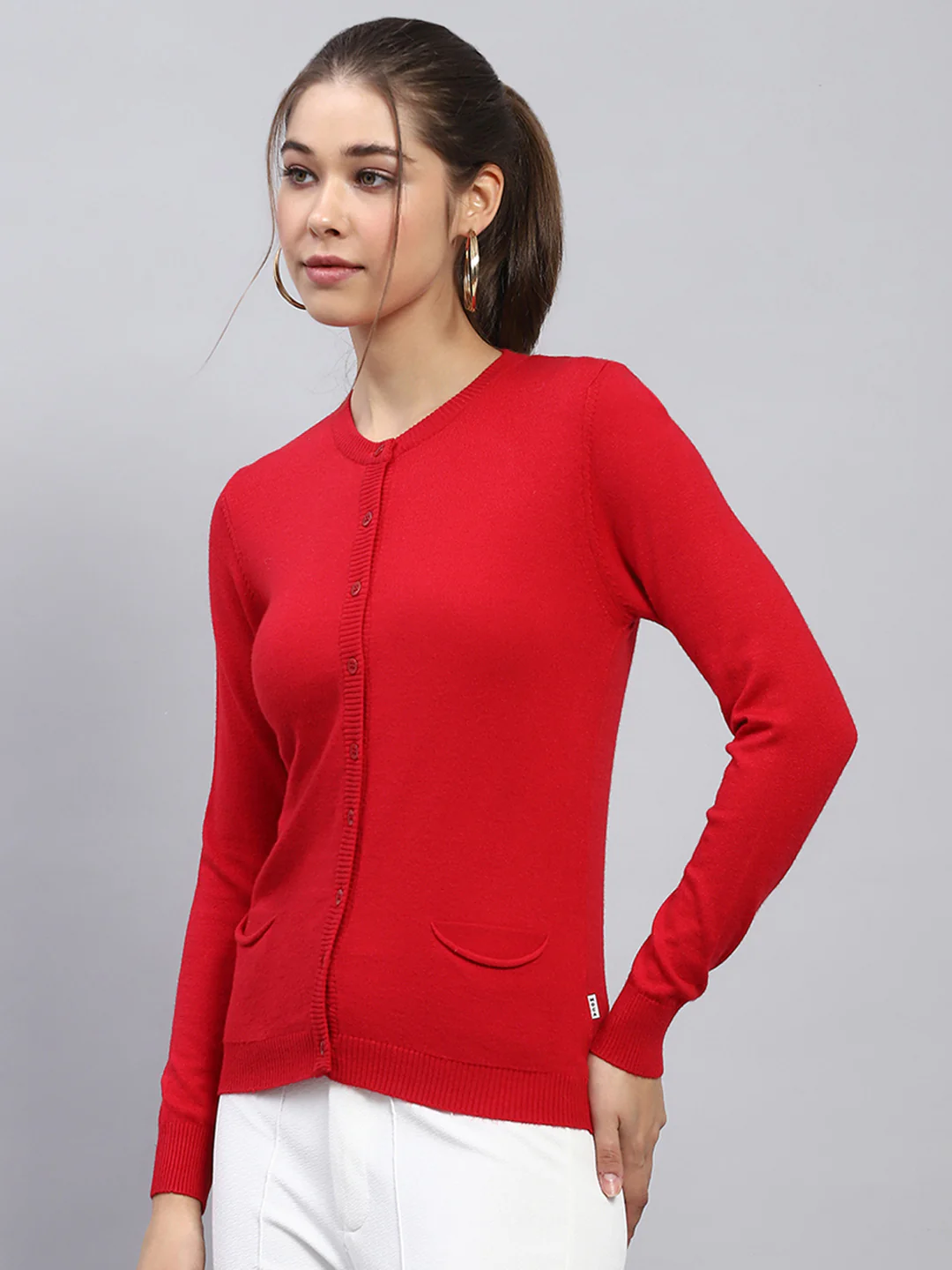 Women Red Solid Round Neck Full Sleeve Cardigan - Image 3