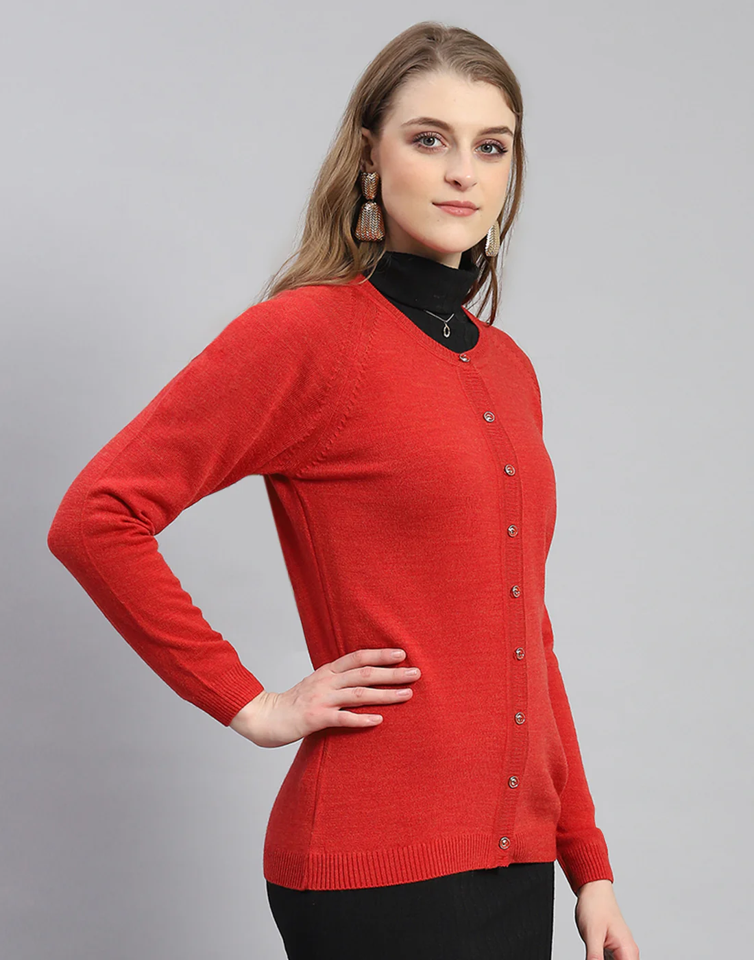 Women Red Solid Round Neck Full Sleeve Cardigan - Image 4