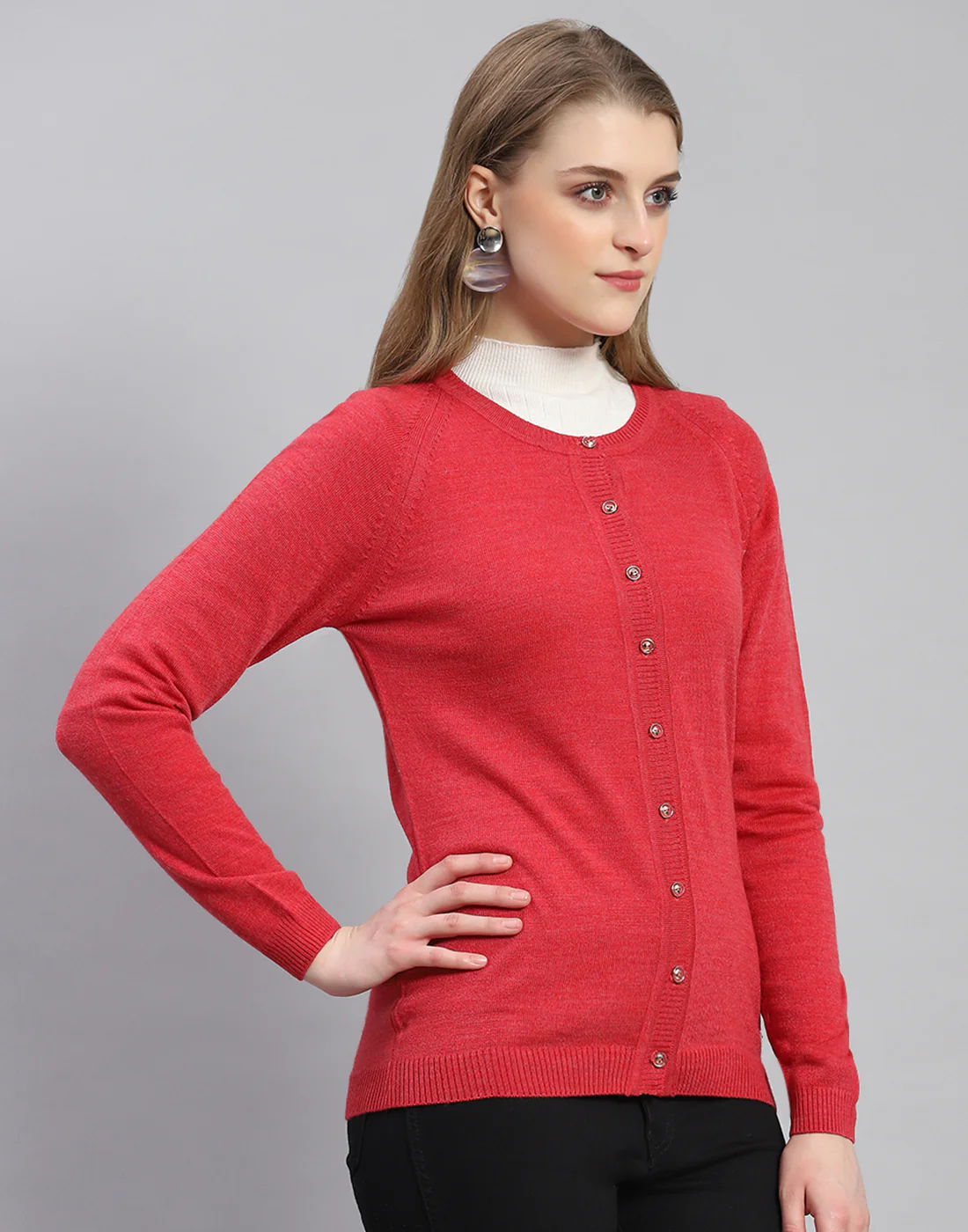 Women Red Solid Round Neck Full Sleeve Cardigan - Image 4