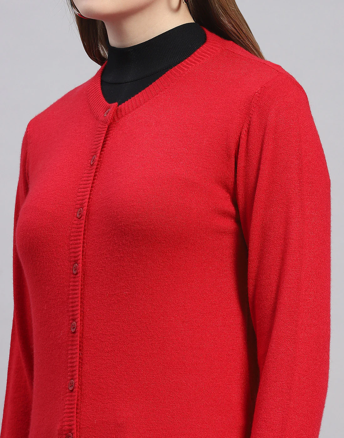 Women Red Solid Round Neck Full Sleeve Cardigan - Image 6