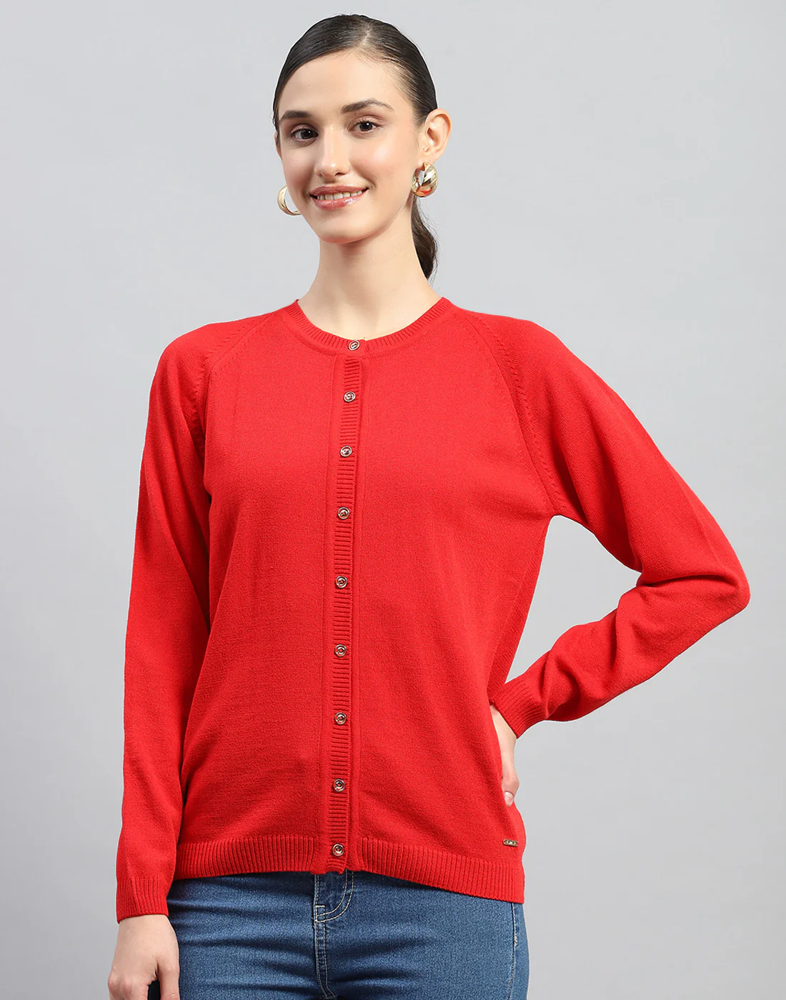 Women Red Solid Round Neck Full Sleeve Cardigan - Image 2