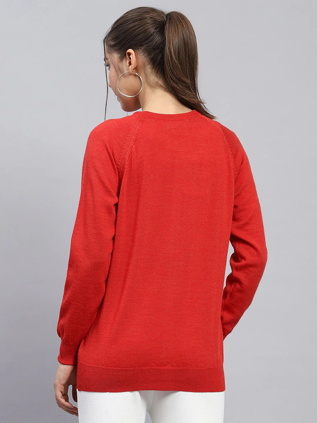 Women Red Solid Round Neck Full Sleeve Cardigan - Image 5