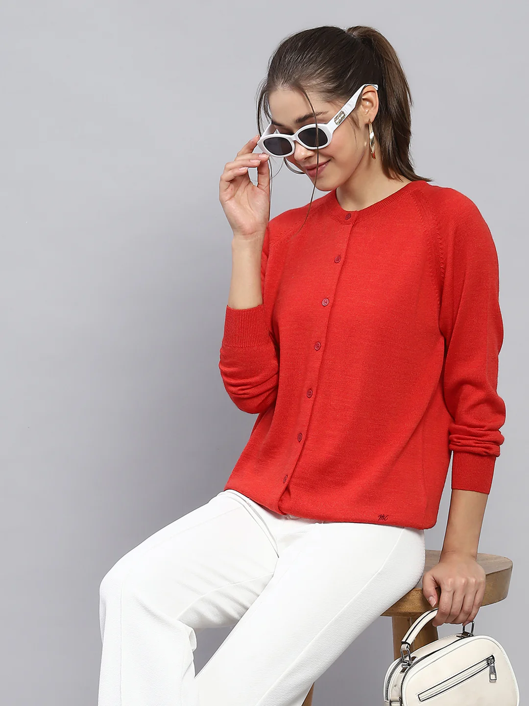Women Red Solid Round Neck Full Sleeve Cardigan - Image 6