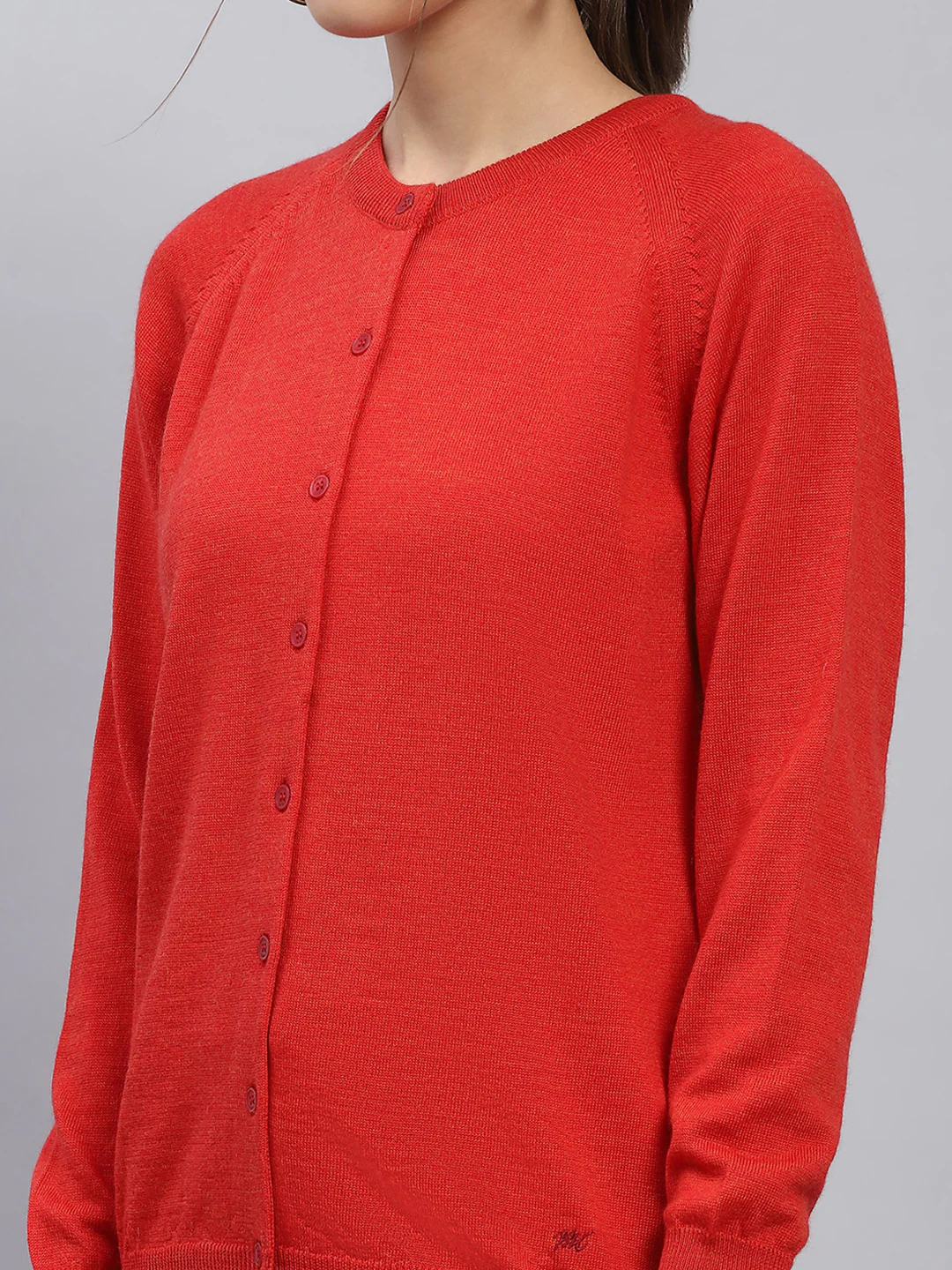 Women Red Solid Round Neck Full Sleeve Cardigan - Image 7