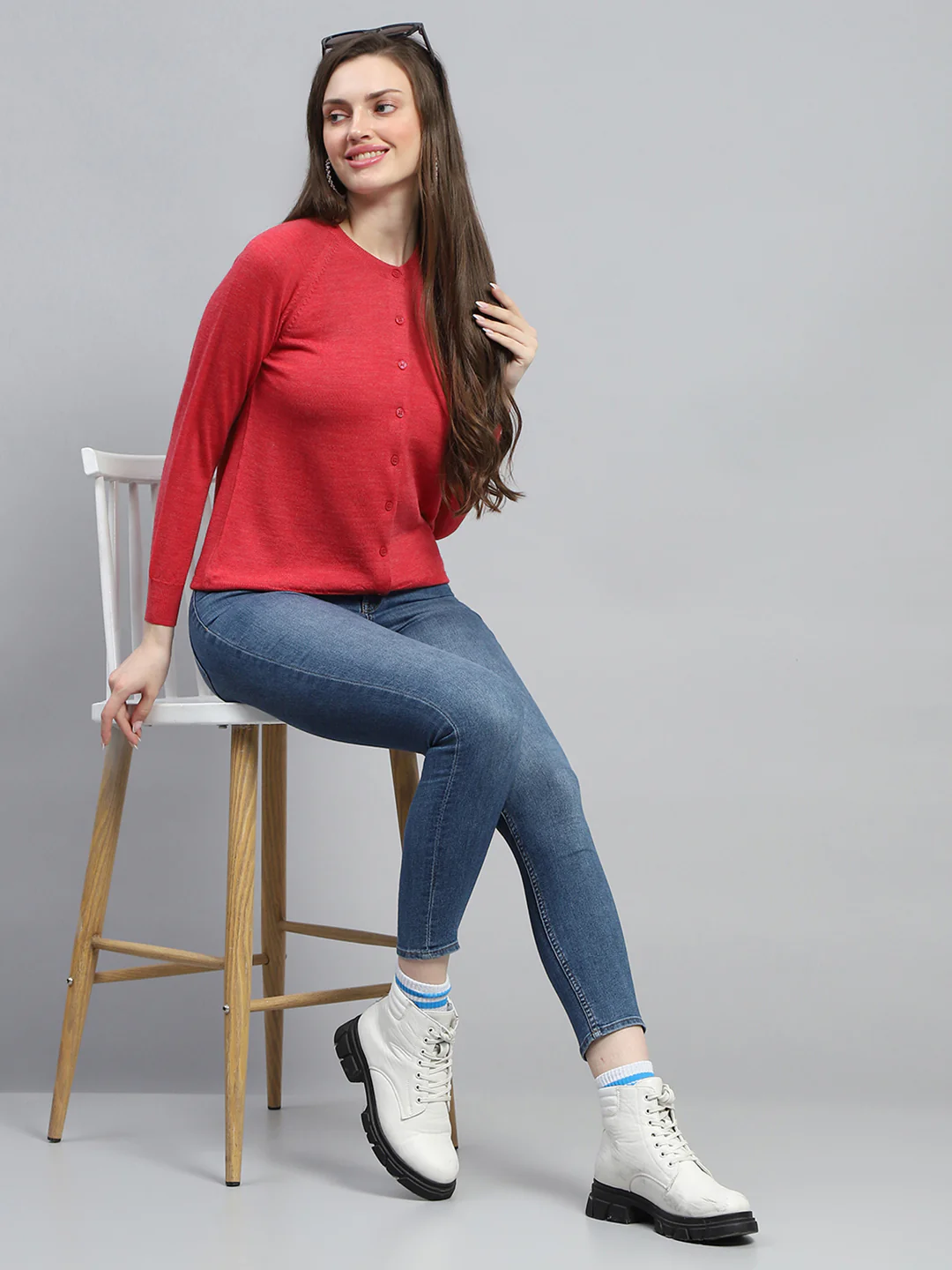 Women Red Solid Round Neck Full Sleeve Cardigan - Image 2