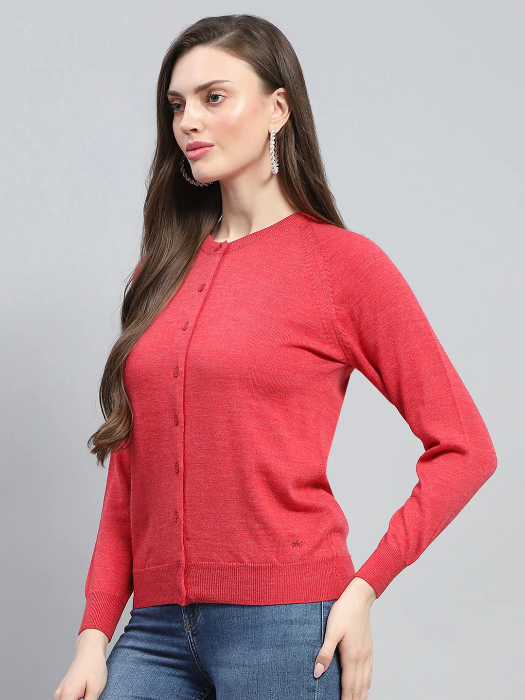 Women Red Solid Round Neck Full Sleeve Cardigan - Image 3