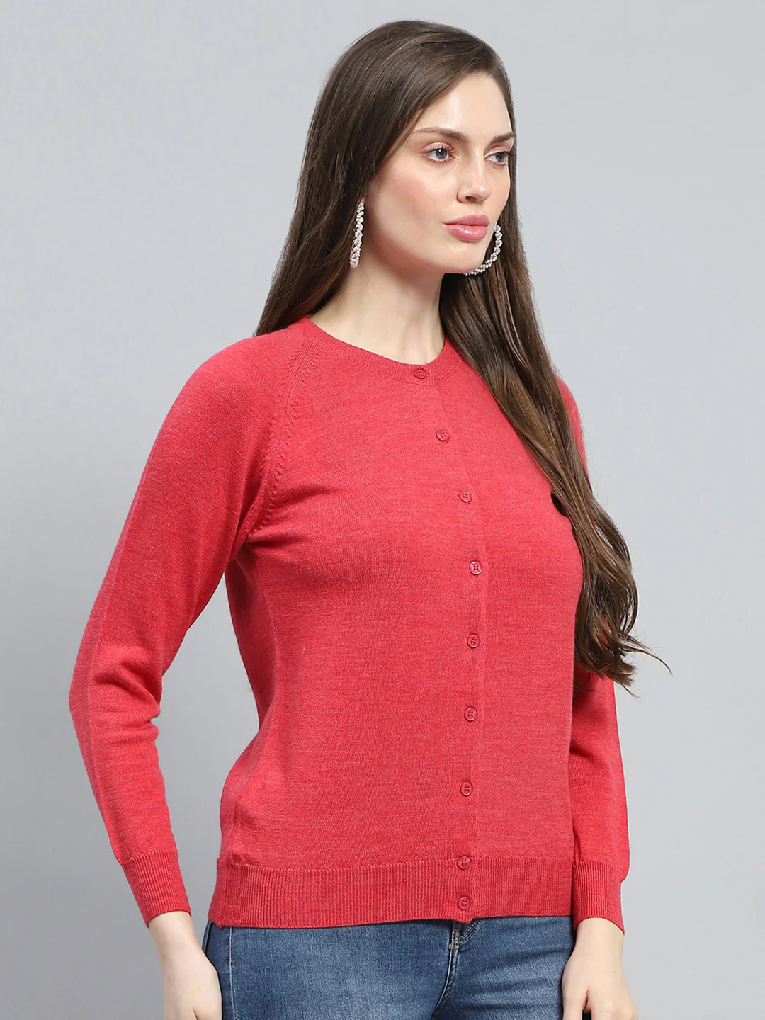 Women Red Solid Round Neck Full Sleeve Cardigan - Image 4