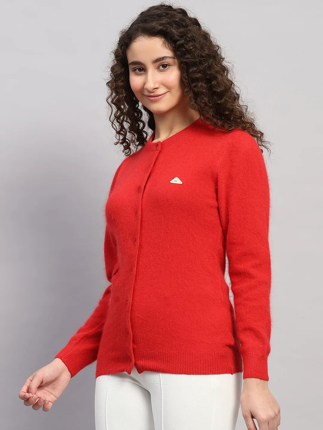 Women Red Solid Round Neck Full Sleeve Cardigan - Image 3