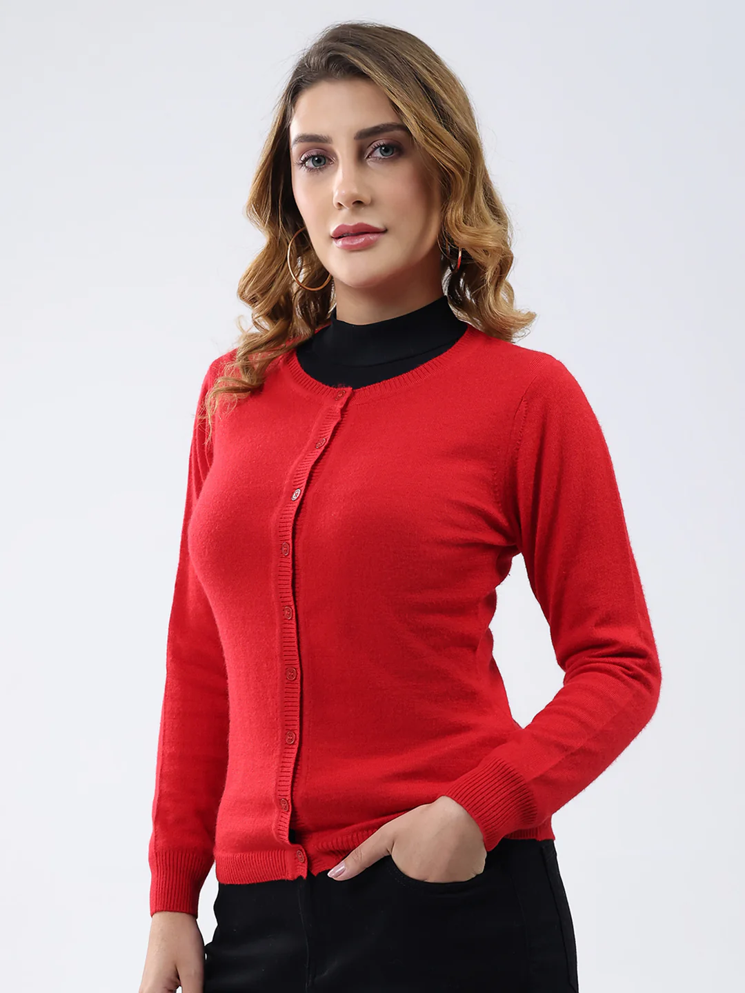 Women Red Solid Round Neck Full Sleeve Cardigan - Image 3