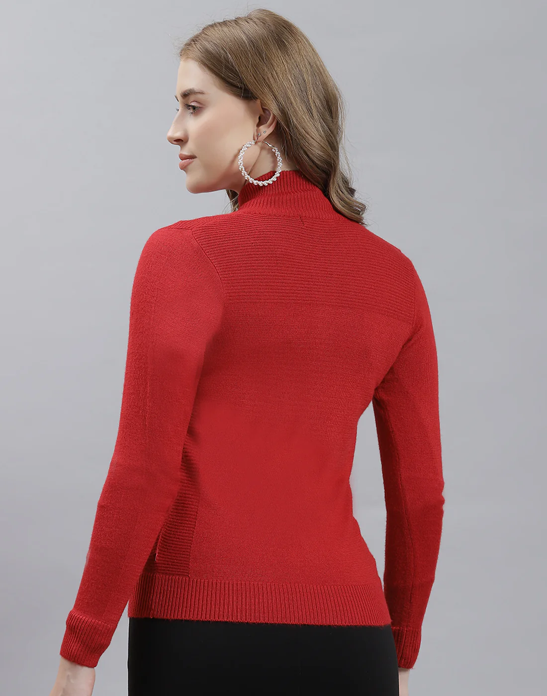 Women Red Solid Stand Collar Full Sleeve Cardigan - Image 5