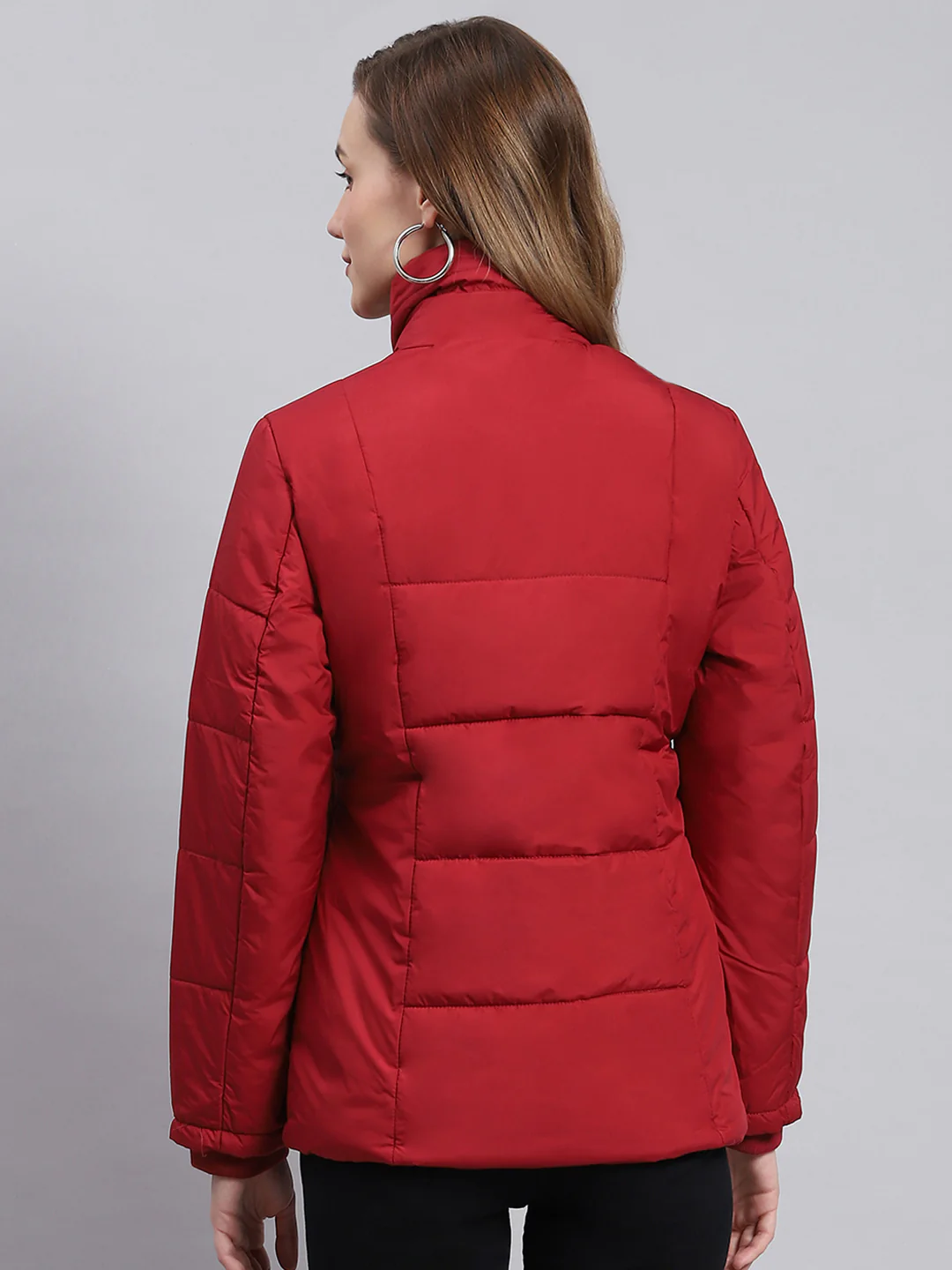 Women Red Solid Stand Collar Full Sleeve Jackets - Image 4