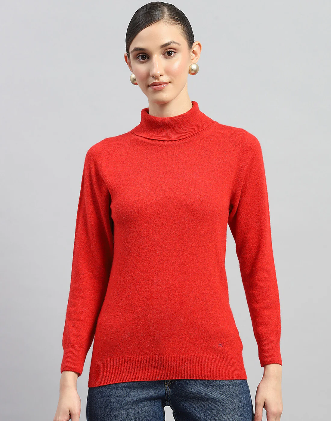 Women Red Solid Turtle Neck Full Sleeve Winter Top - Image 2
