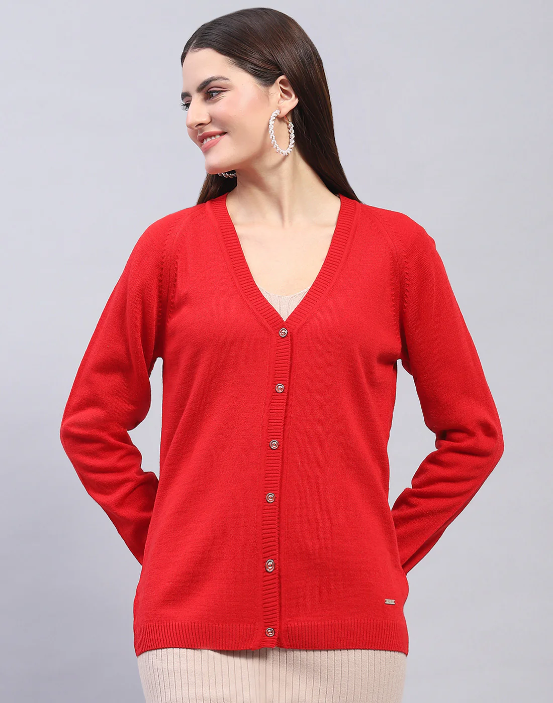 Women Red Solid V Neck Full Sleeve Cardigan - Image 2