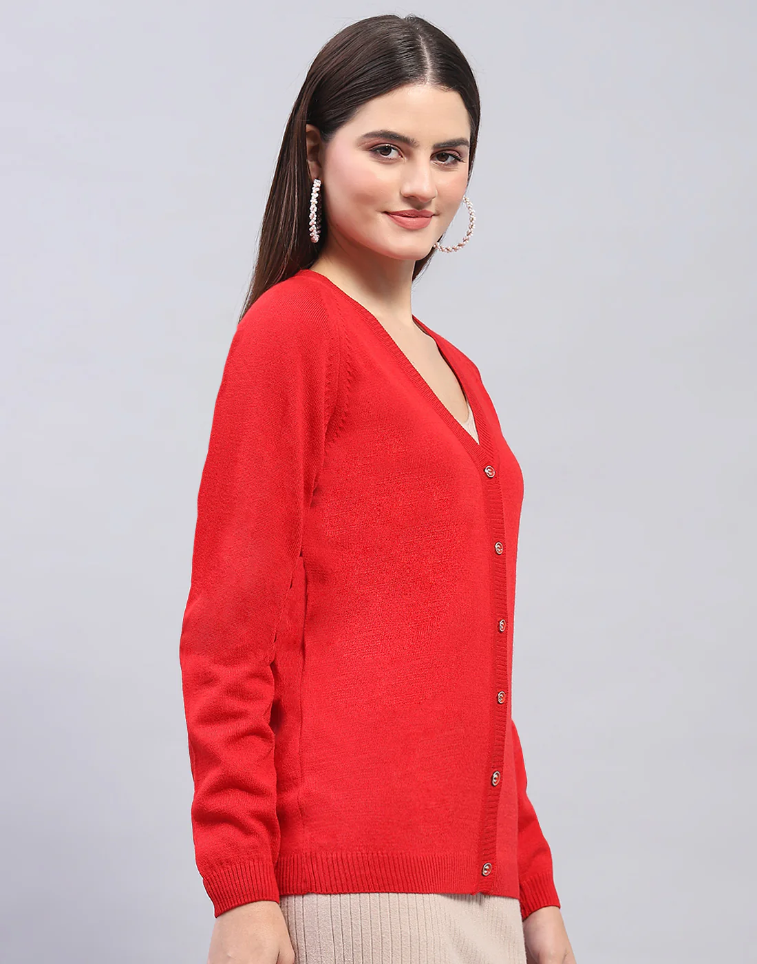 Women Red Solid V Neck Full Sleeve Cardigan - Image 4