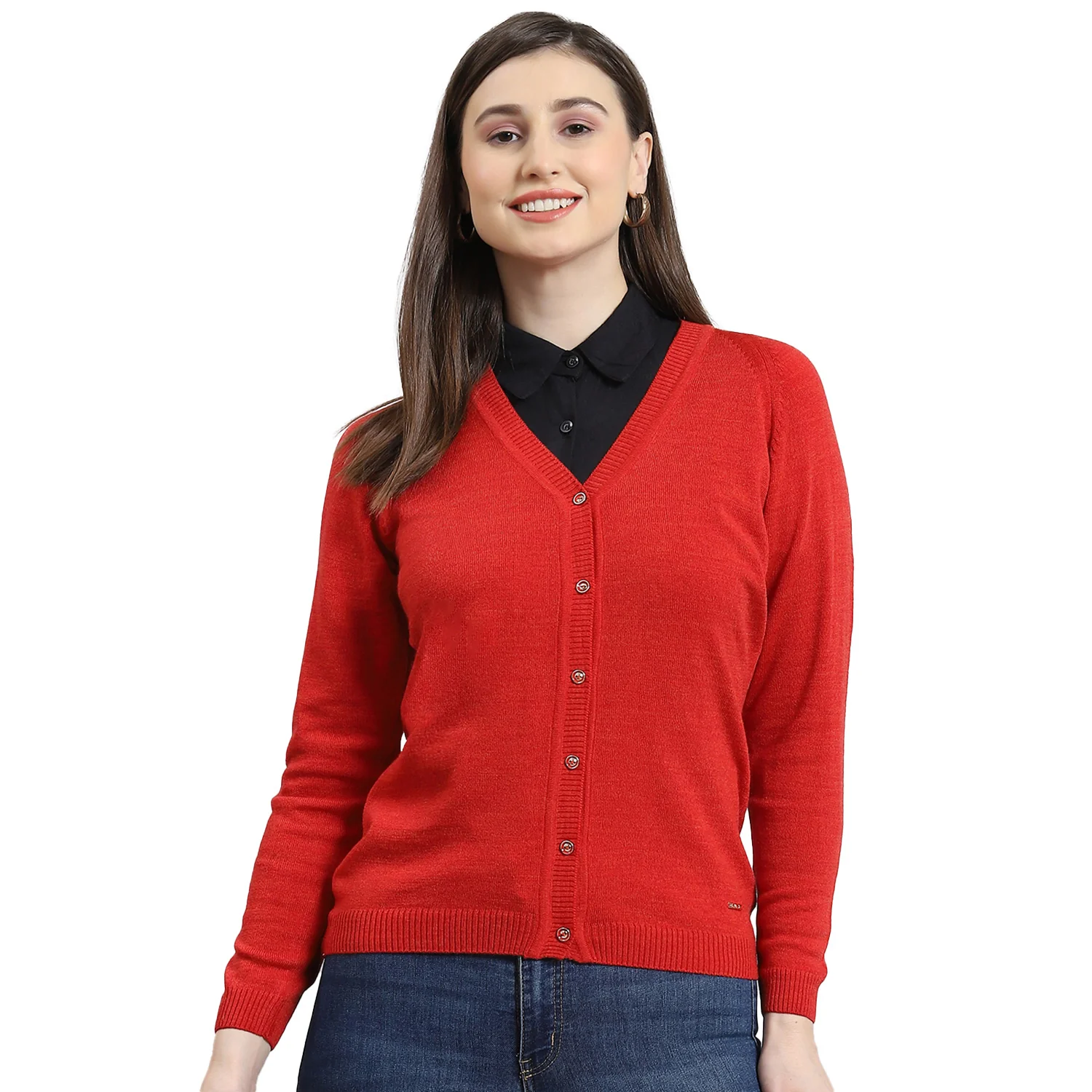 Women Red Solid V Neck Full Sleeve Cardigan - Image 5