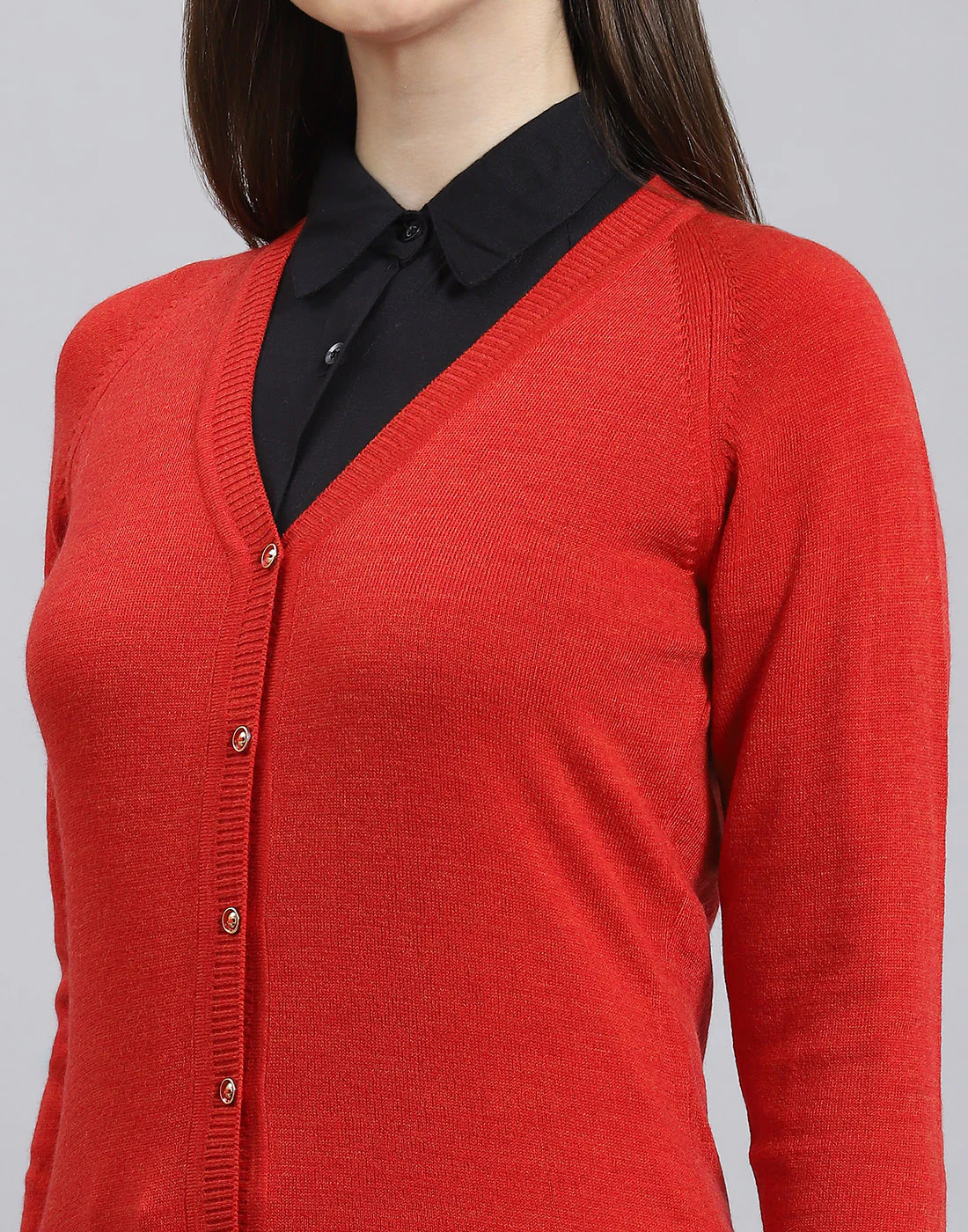 Women Red Solid V Neck Full Sleeve Cardigan - Image 7