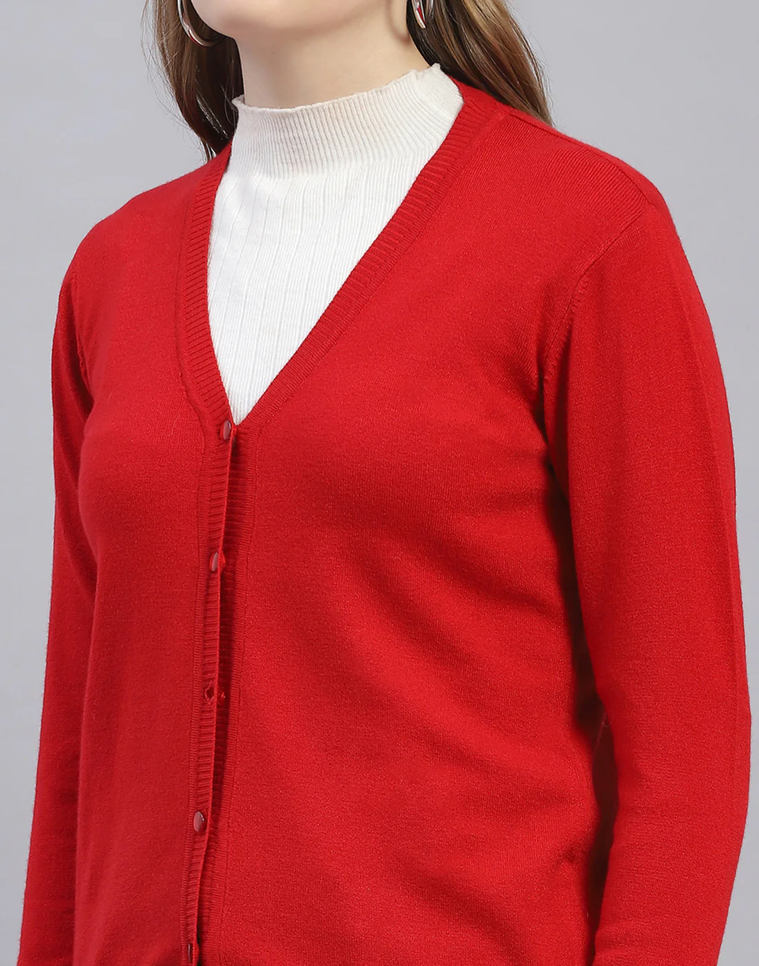 Women Red Solid V Neck Full Sleeve Cardigan - Image 7