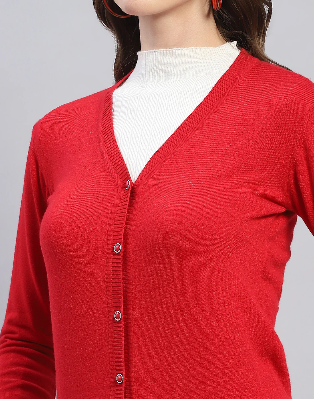 Women Red Solid V Neck Full Sleeve Cardigan - Image 7