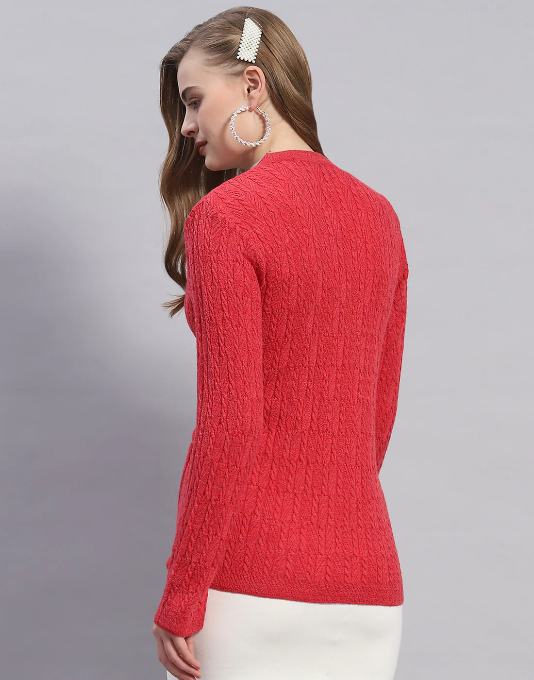 Women Red Solid V Neck Full Sleeve Cardigan - Image 5