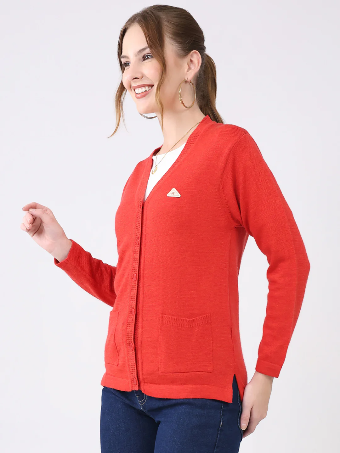 Women Red Solid V Neck Full Sleeve Cardigan - Image 3