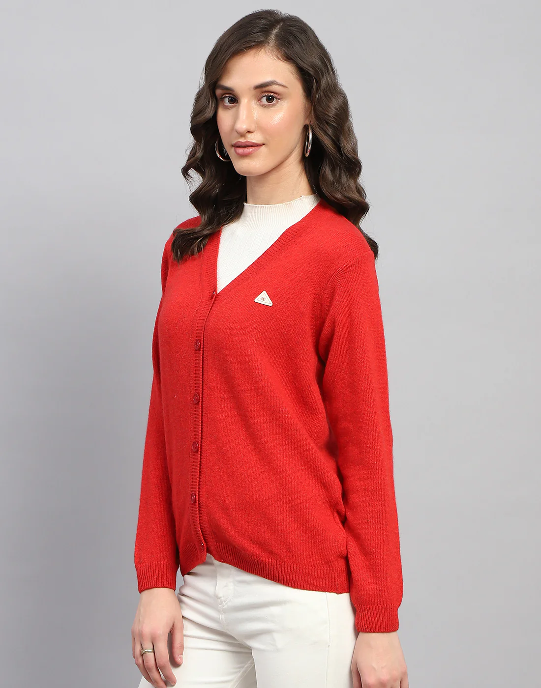 Women Red Solid V Neck Full Sleeve Cardigan - Image 3