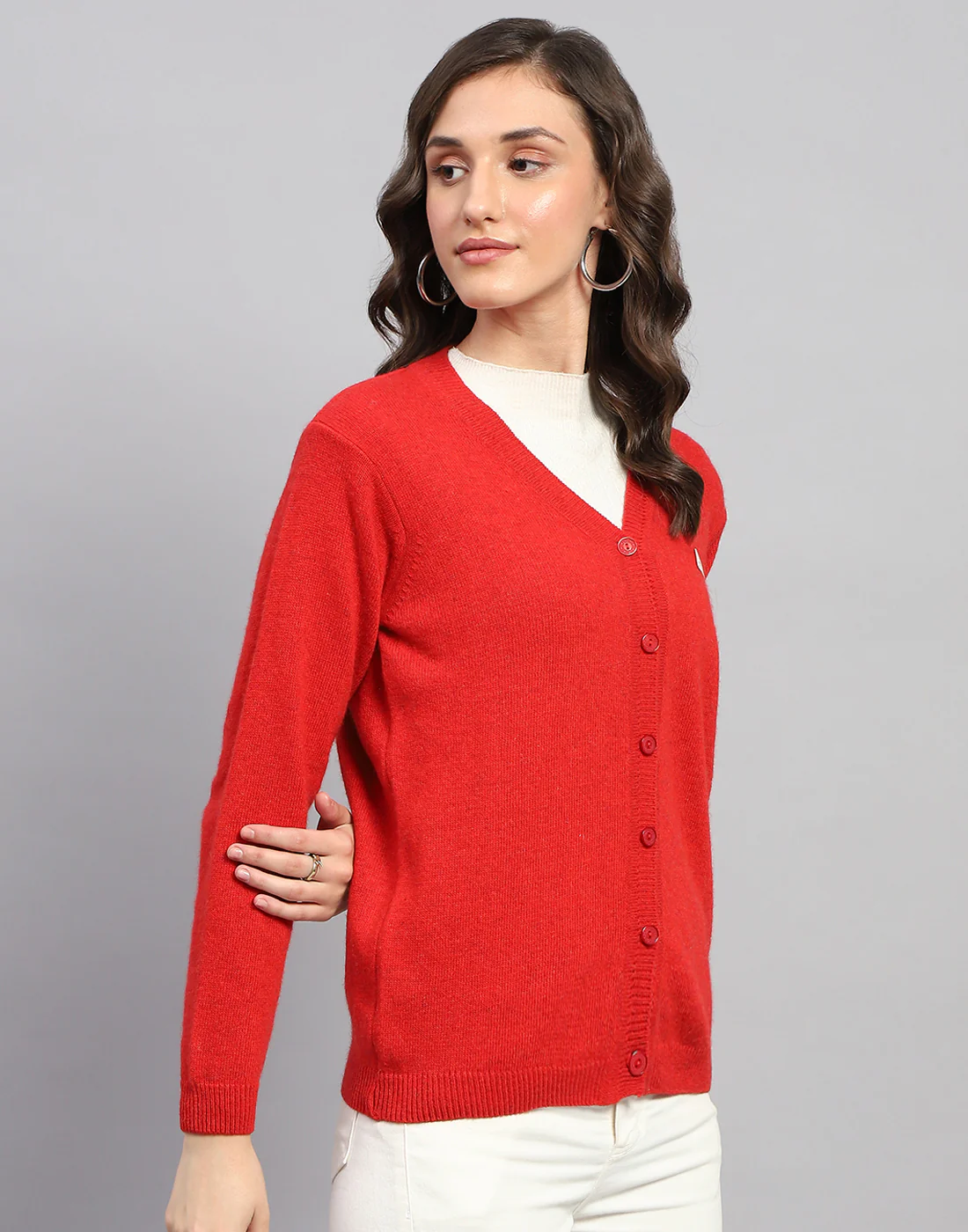 Women Red Solid V Neck Full Sleeve Cardigan - Image 4