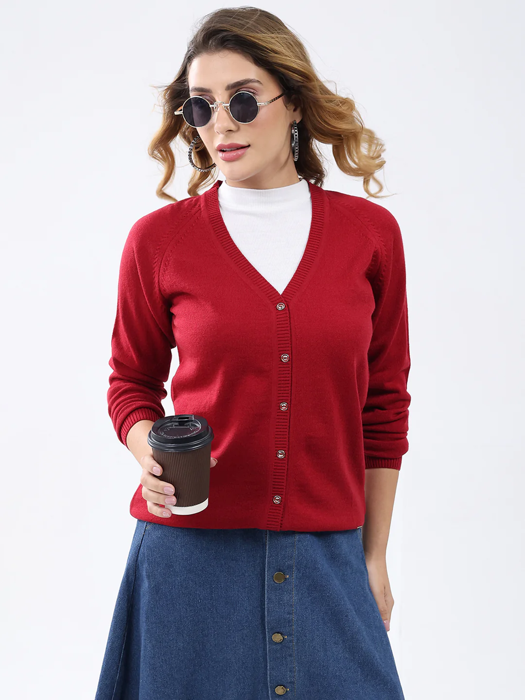 Women Red Solid V Neck Full Sleeve Cardigan - Image 6
