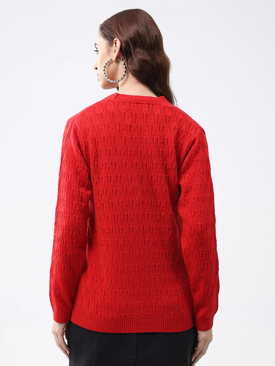Women Red Solid V Neck Full Sleeve Cardigan - Image 5