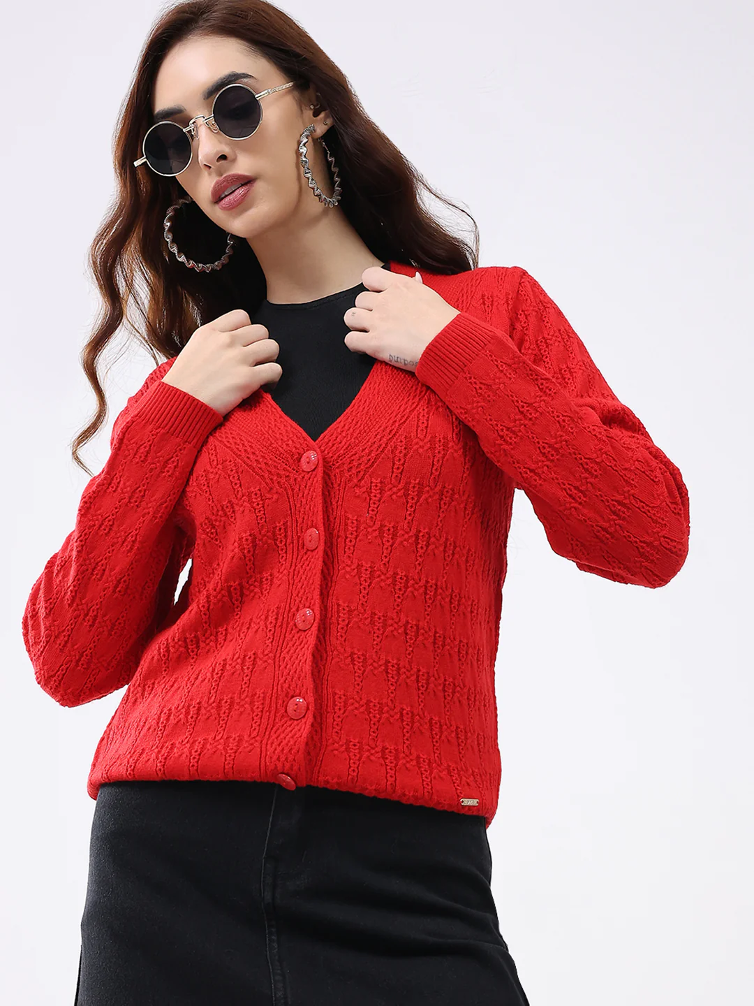 Women Red Solid V Neck Full Sleeve Cardigan - Image 6
