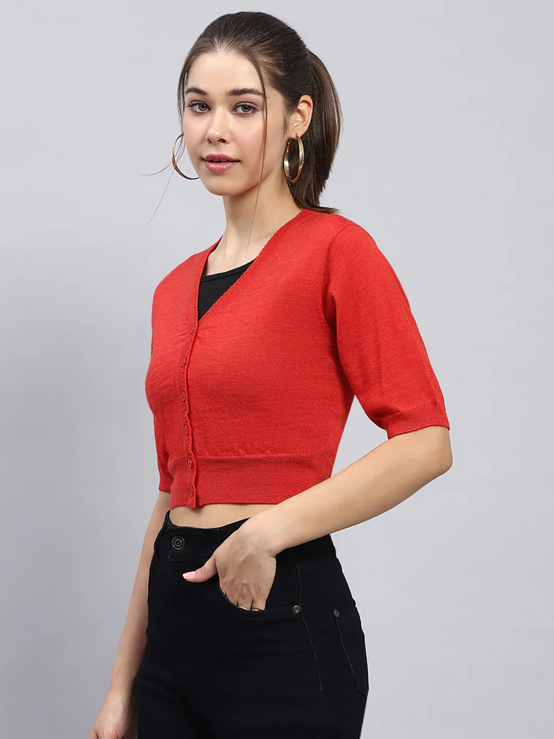 Women Red Solid V Neck Half Sleeve Blouse - Image 3