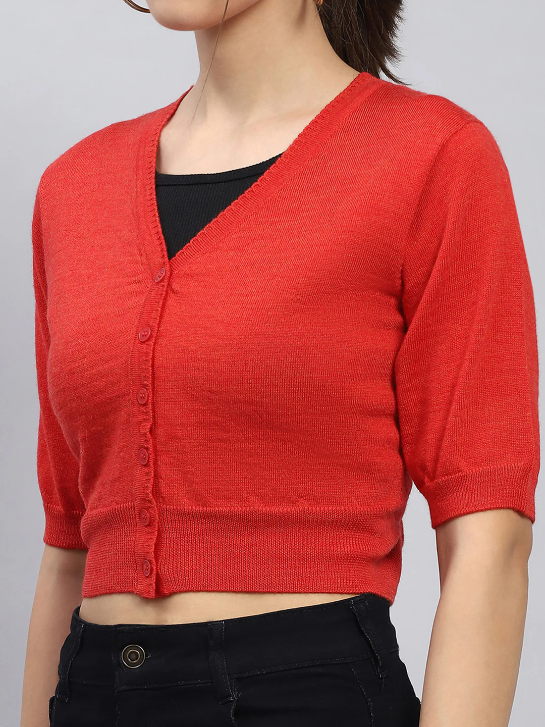 Women Red Solid V Neck Half Sleeve Blouse - Image 6