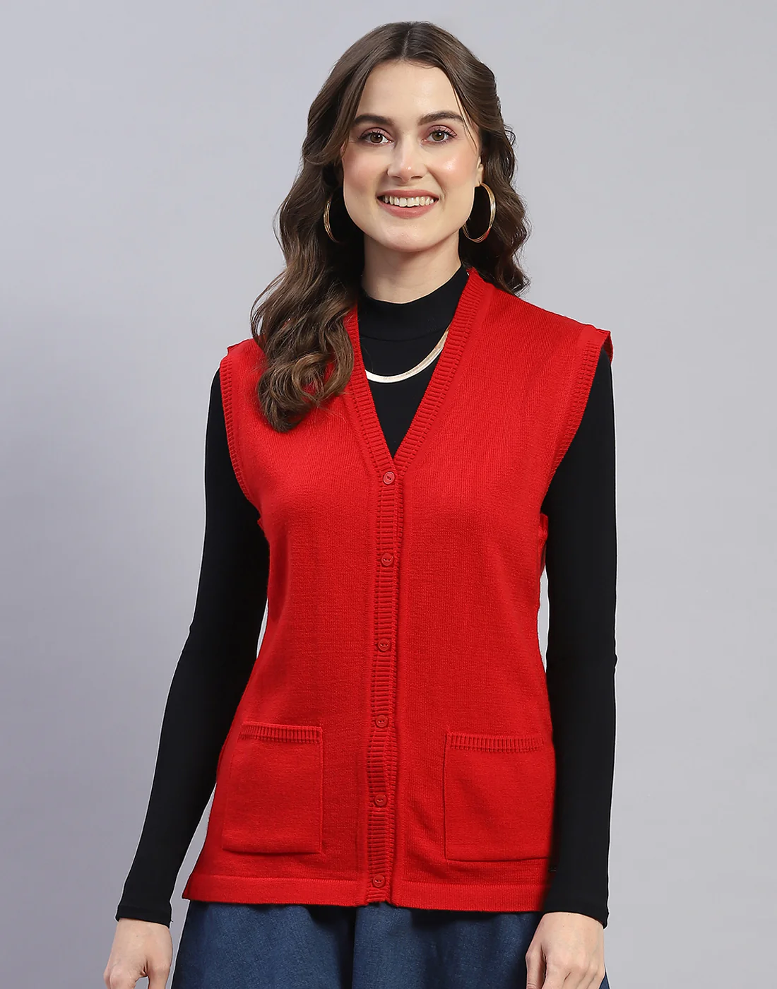 Women Red Solid V Neck Sleeveless Cardigan - Image 2