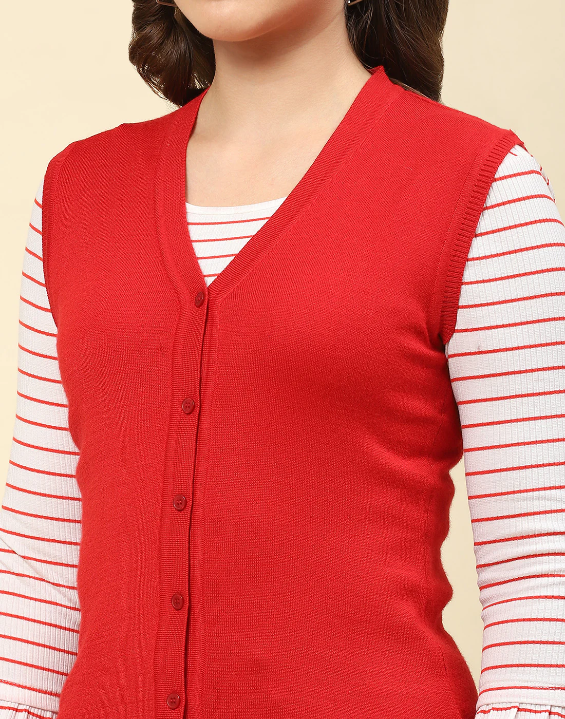Women Red Solid V Neck Sleeveless Cardigan - Image 6