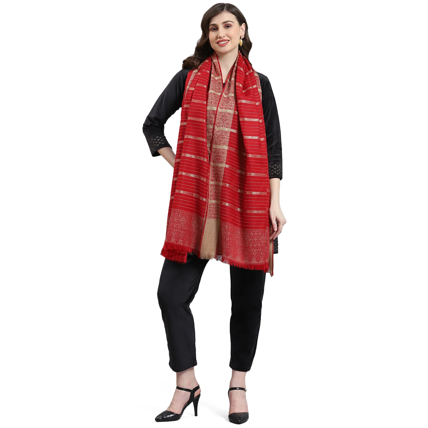 Women Red Stripe Shawl - Image 5