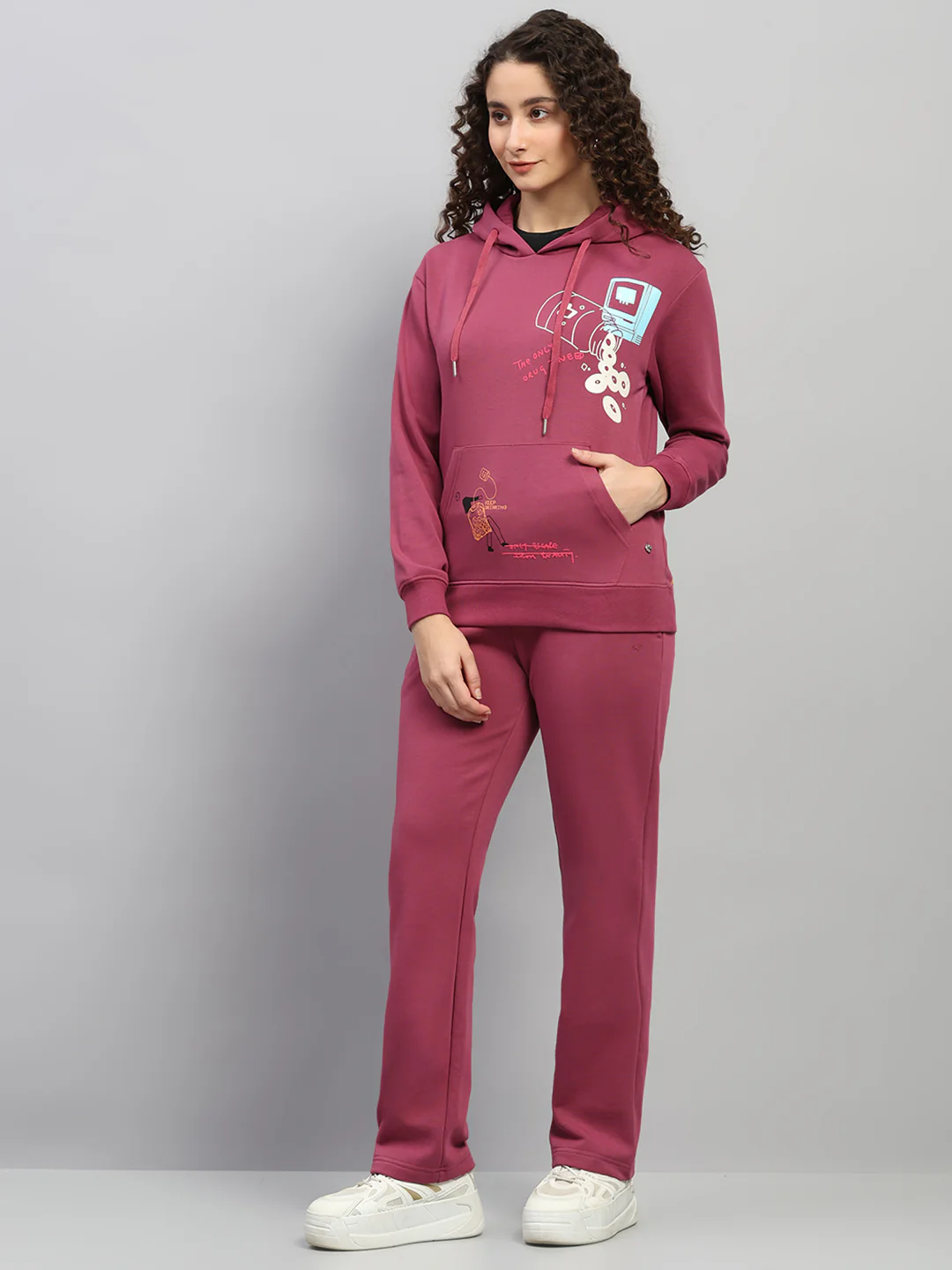 Women Rose Pink Printed Hooded Full Sleeve Winter Tracksuit - Image 3