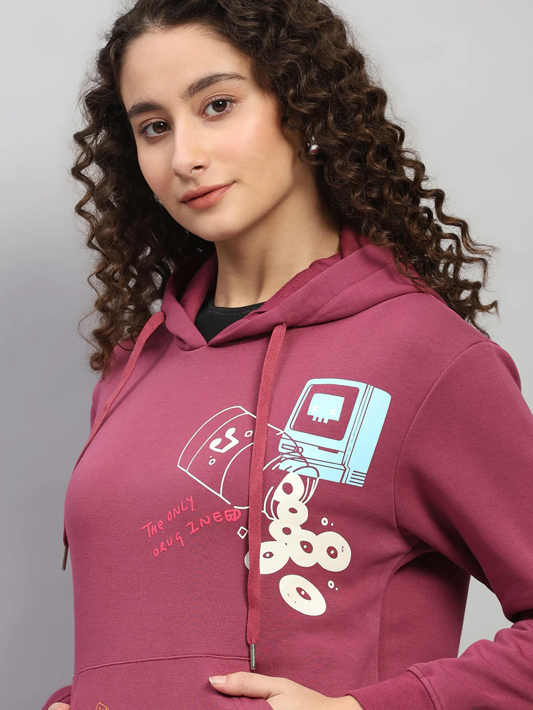 Women Rose Pink Printed Hooded Full Sleeve Winter Tracksuit - Image 7