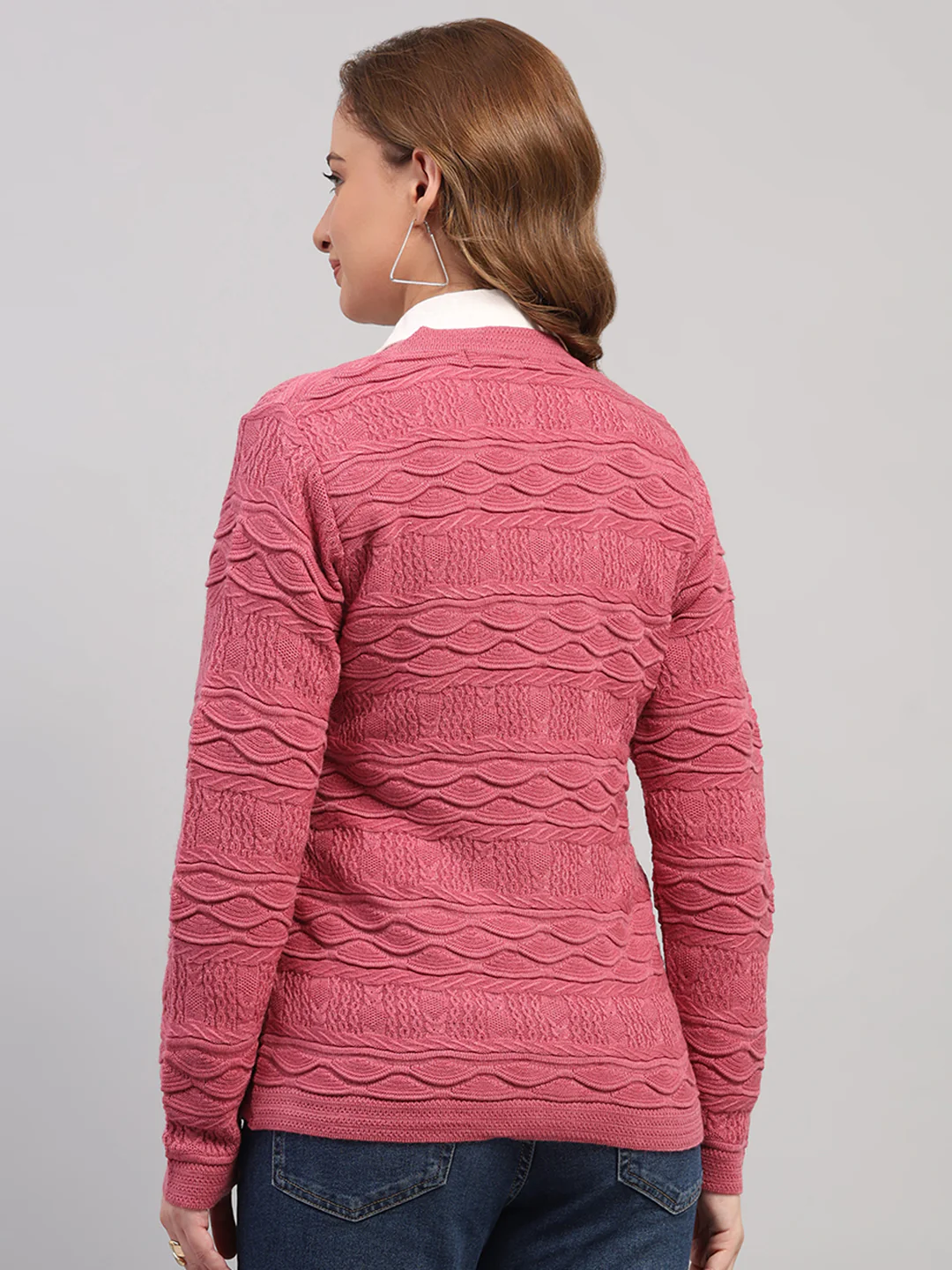 Women Rose Pink Self Design V Neck Full Sleeve Cardigan - Image 5