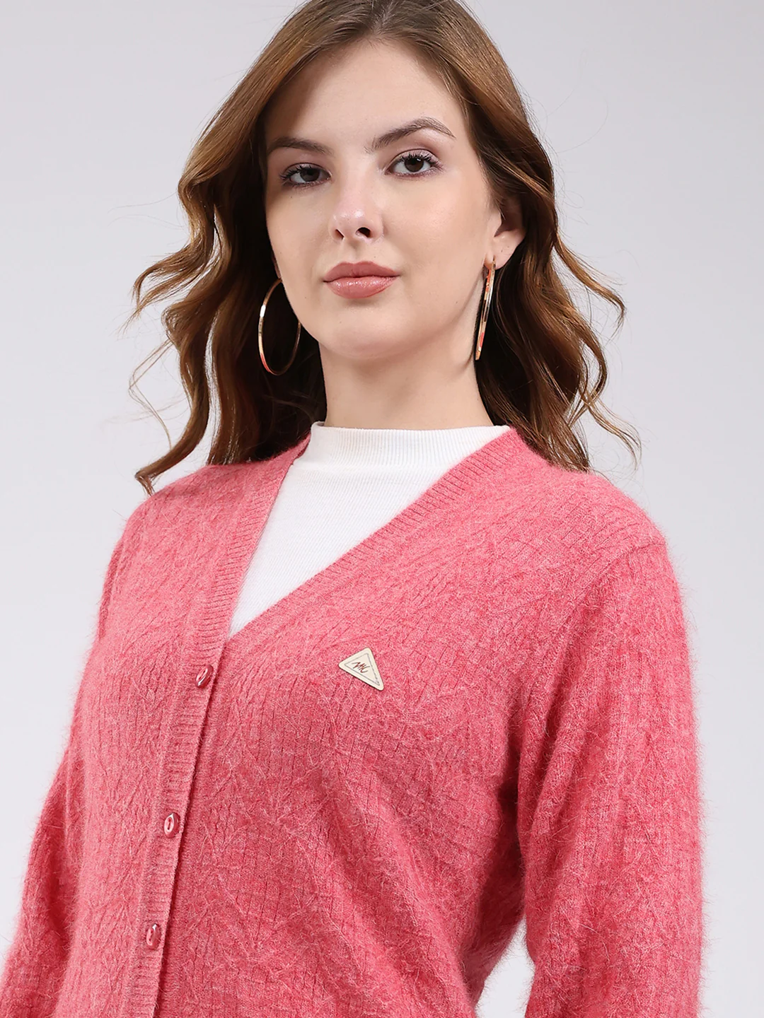 Women Rose Pink Self Design V Neck Full Sleeve Cardigan - Image 6