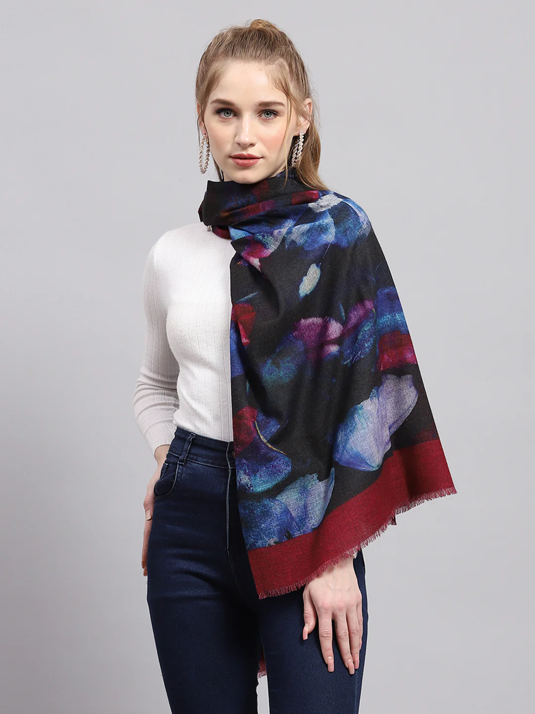Women Rust & Blue Self Design Stole - Image 3