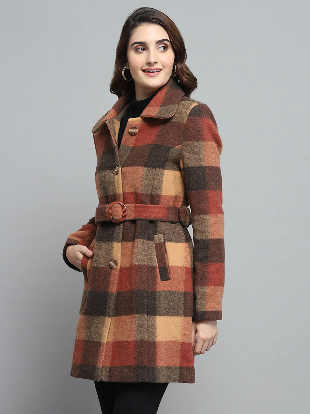 Women Rust Check Collar Full Sleeve Coat - Image 3