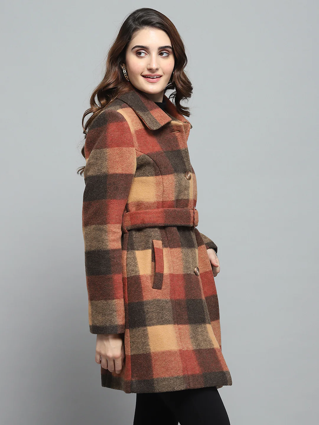 Women Rust Check Collar Full Sleeve Coat - Image 4