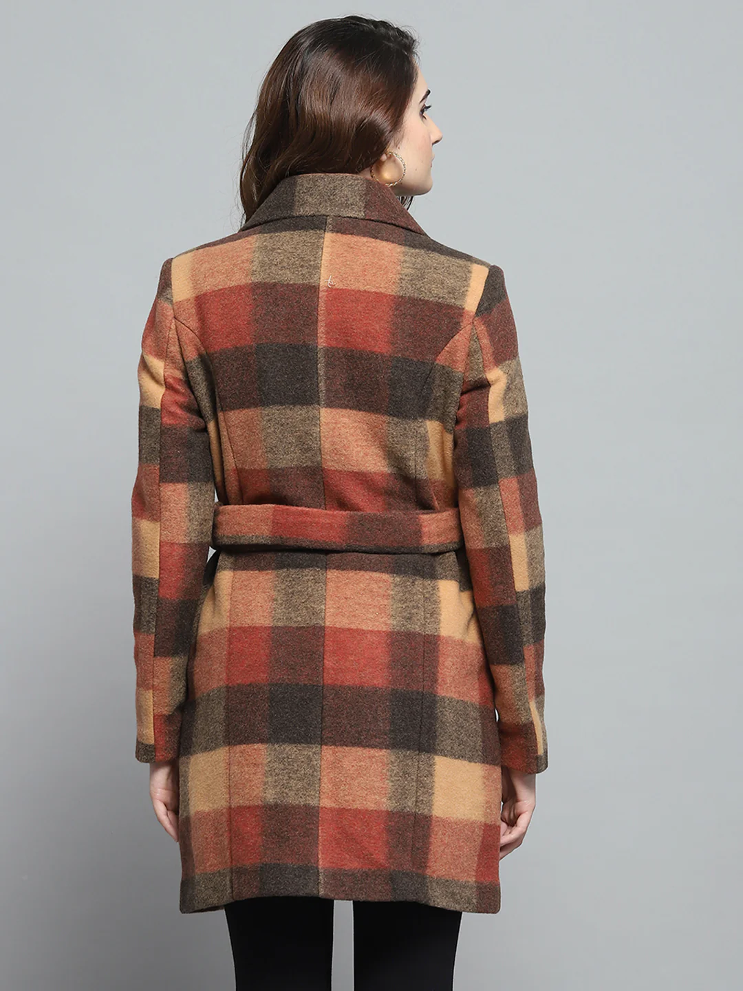Women Rust Check Collar Full Sleeve Coat - Image 5