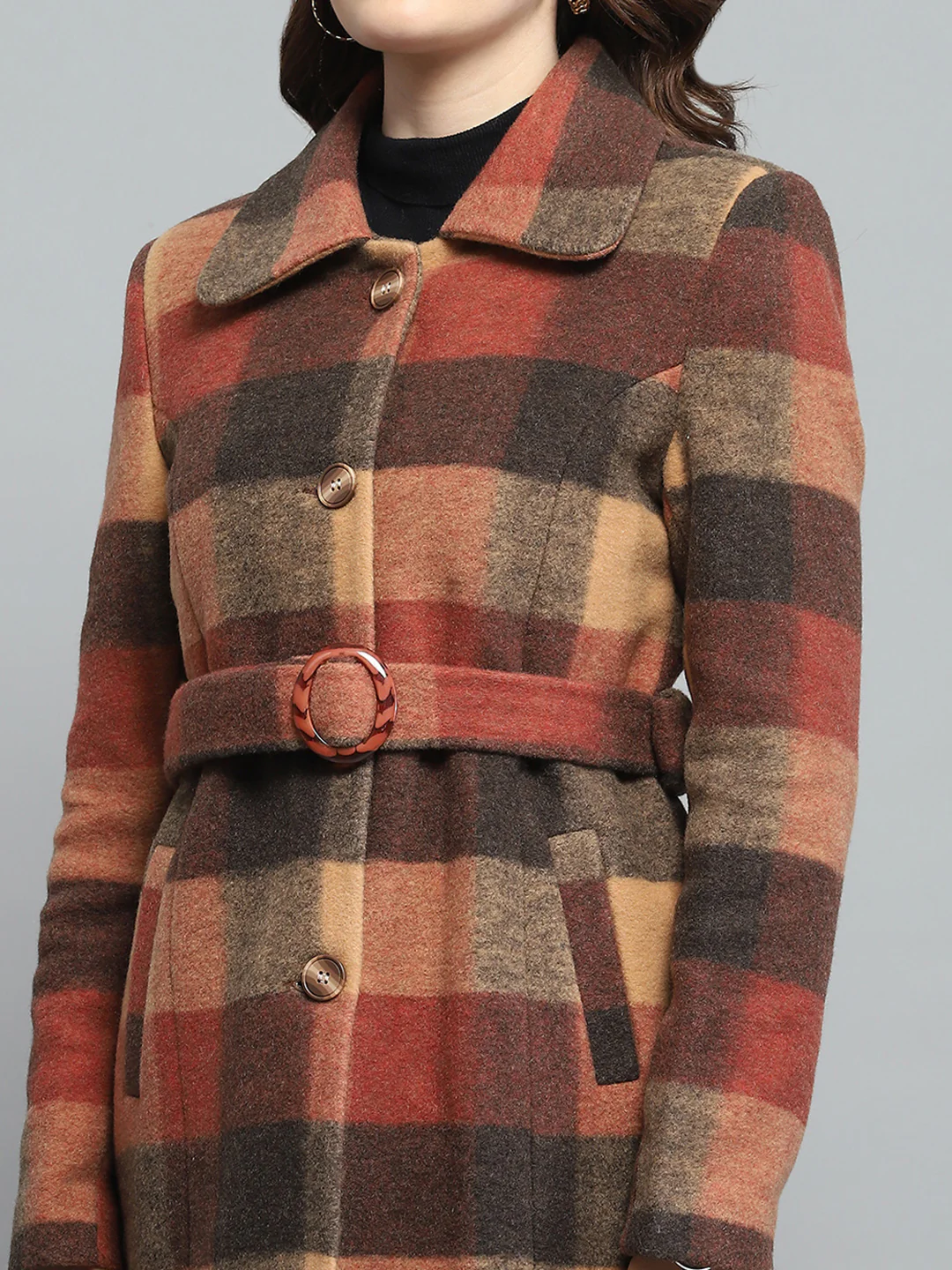 Women Rust Check Collar Full Sleeve Coat - Image 7