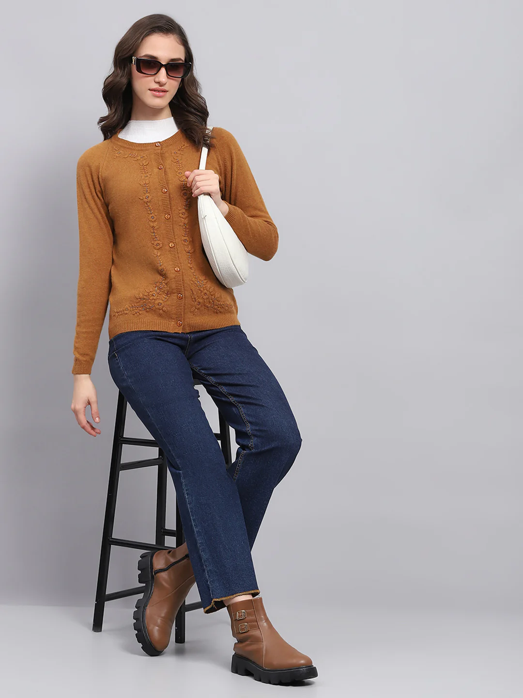 Women Rust Embroidered Round Neck Full Sleeve Cardigan - Image 2