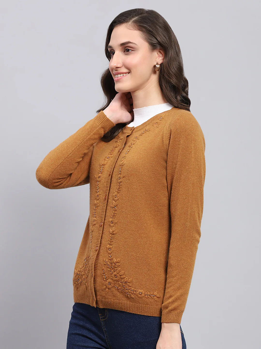 Women Rust Embroidered Round Neck Full Sleeve Cardigan - Image 3
