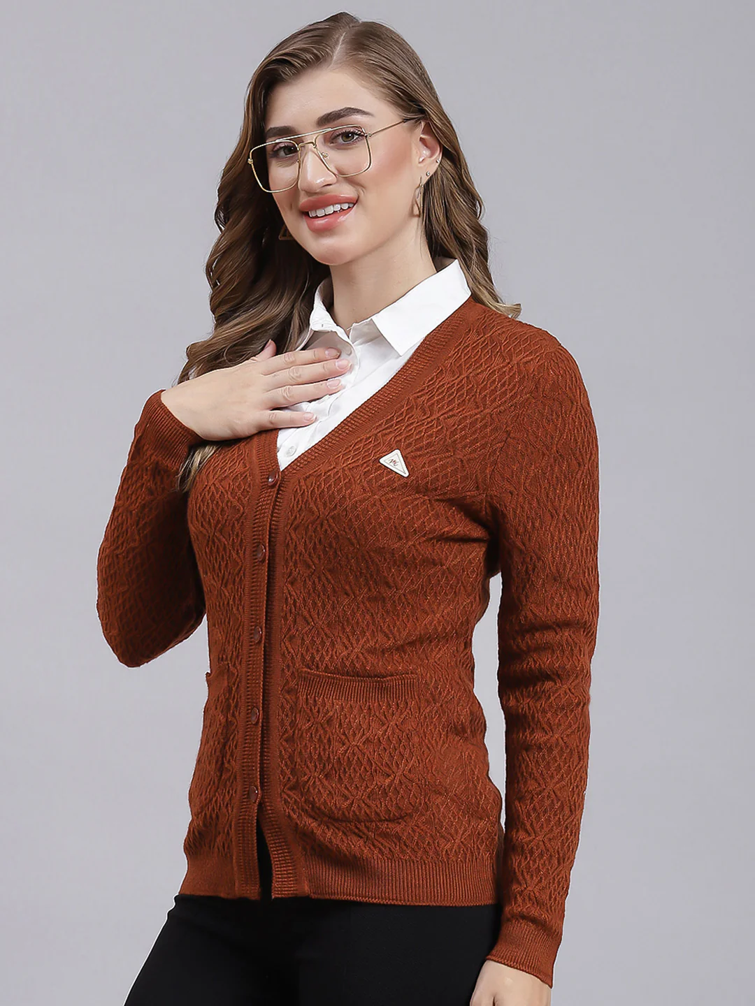 Women Rust Orange Self Design Wool blend Cardigan - Image 3