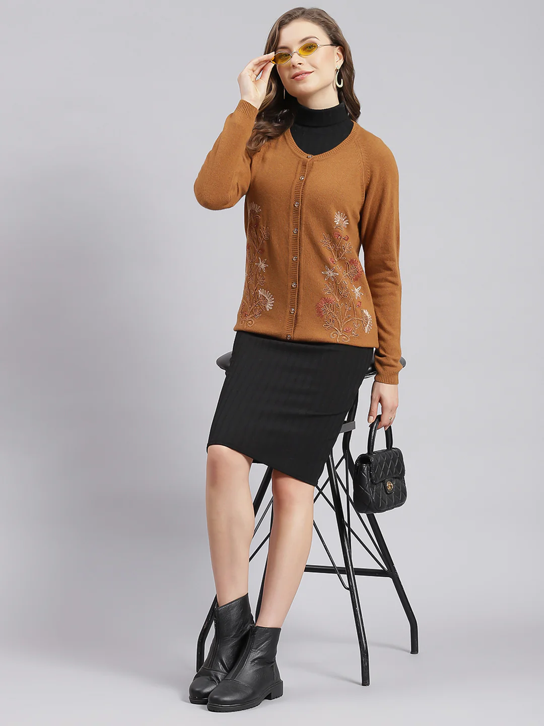 Women Rust Orange Solid Wool blend Cardigan - Image 2